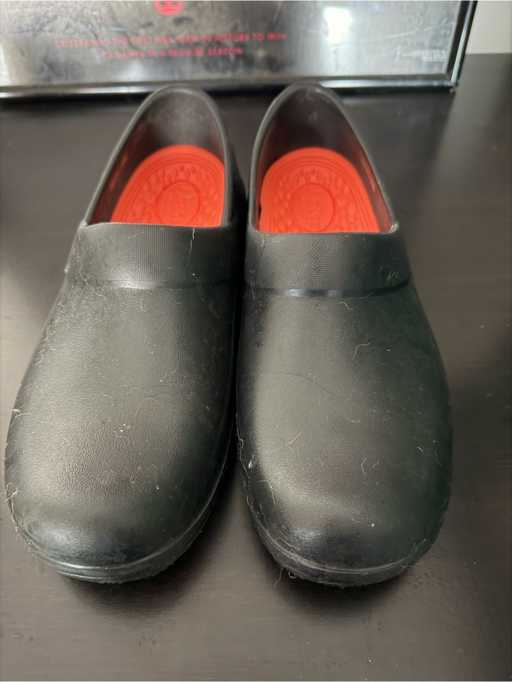 CROCS Black Slip-On Work Clogs with Red Insole
